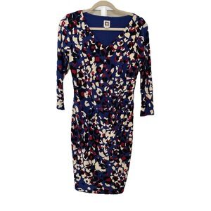 Women's Knee Length V Neck Body Con Side Ruched Blue Animal Print Dress NEW 4‎
